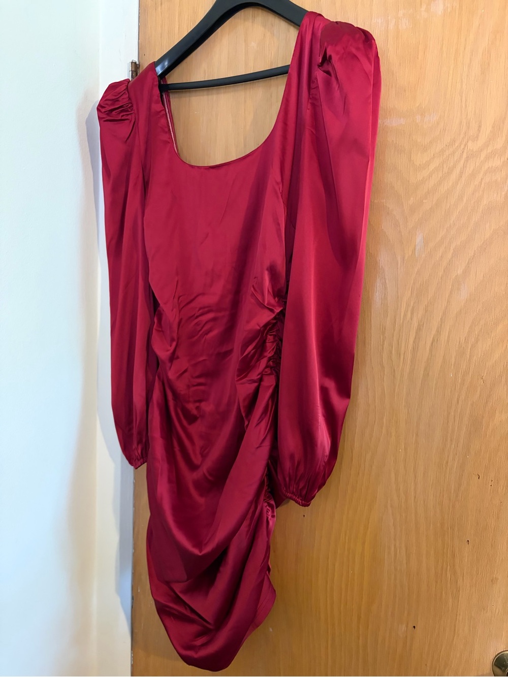 Scarlet Satin Puff-Sleeve Ruched Dress